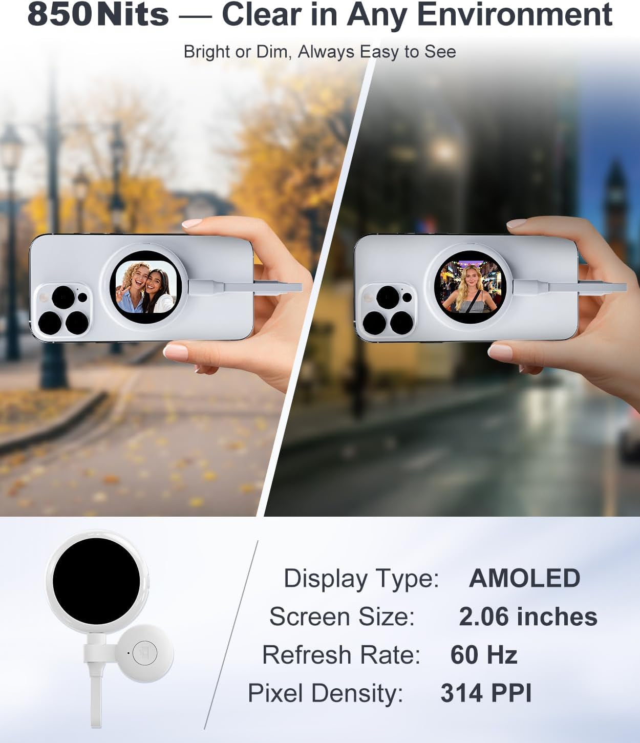 Plug-And-Play Vlog Selfie Monitor Screen Iphone, Lightweight Back Camera Monitor with Remote, 60Fps Magnetic Selfie Screen for Rear Camera Selfies, Vlogging, Only Compatible with Iphone - off White