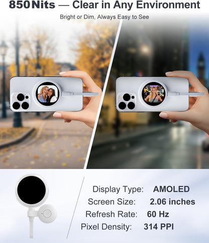 Plug-And-Play Vlog Selfie Monitor Screen Iphone, Lightweight Back Camera Monitor with Remote, 60Fps Magnetic Selfie Screen for Rear Camera Selfies, Vlogging, Only Compatible with Iphone - off White
