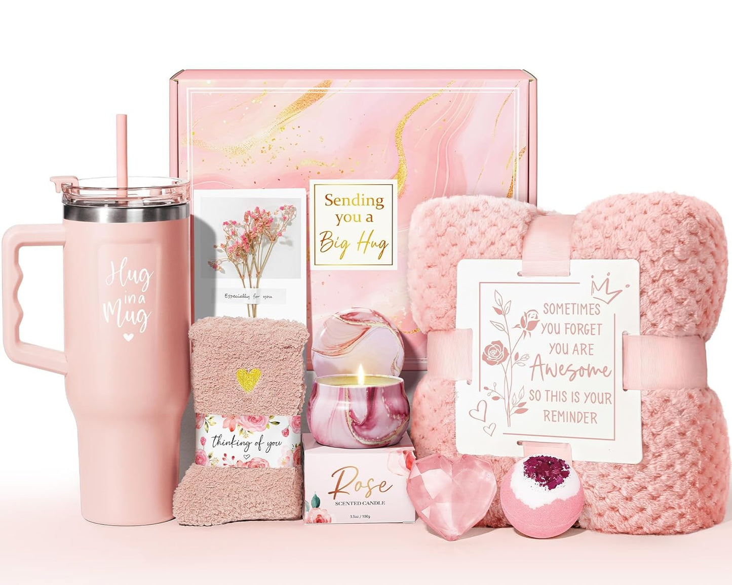 Birthday Gifts for Women Self Care Get Well Soon Gifts, Lavender Relaxing Spa Bath Gift Basket Care Package W/ Flannel Blanket 40 OZ Tumbler, Valentines Day Gift for Her Wife Girlfriend Mom Grandma