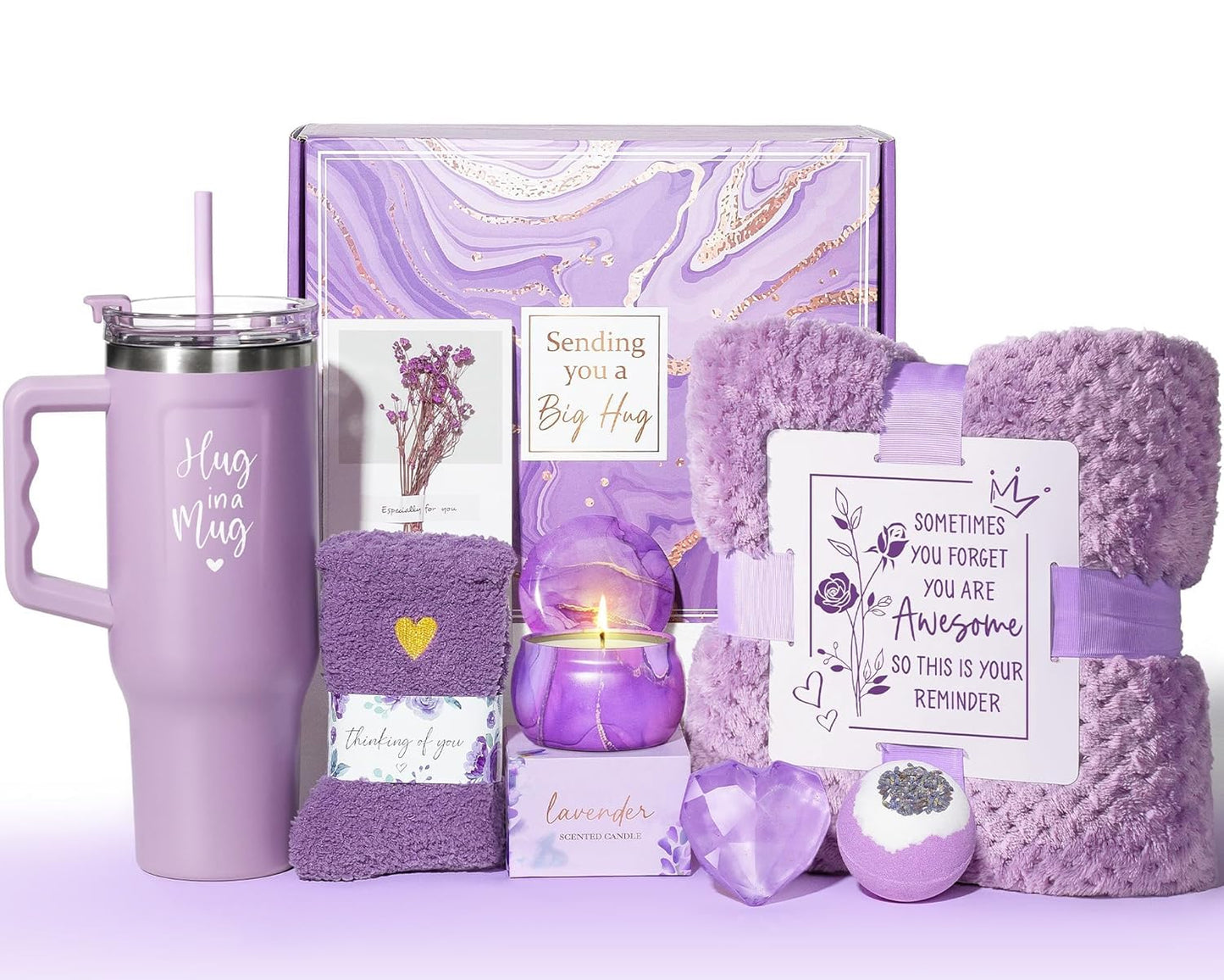 Birthday Gifts for Women Self Care Get Well Soon Gifts, Lavender Relaxing Spa Bath Gift Basket Care Package W/ Flannel Blanket 40 OZ Tumbler, Valentines Day Gift for Her Wife Girlfriend Mom Grandma