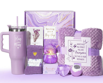 Birthday Gifts for Women Self Care Get Well Soon Gifts, Lavender Relaxing Spa Bath Gift Basket Care Package W/ Flannel Blanket 40 OZ Tumbler, Valentines Day Gift for Her Wife Girlfriend Mom Grandma